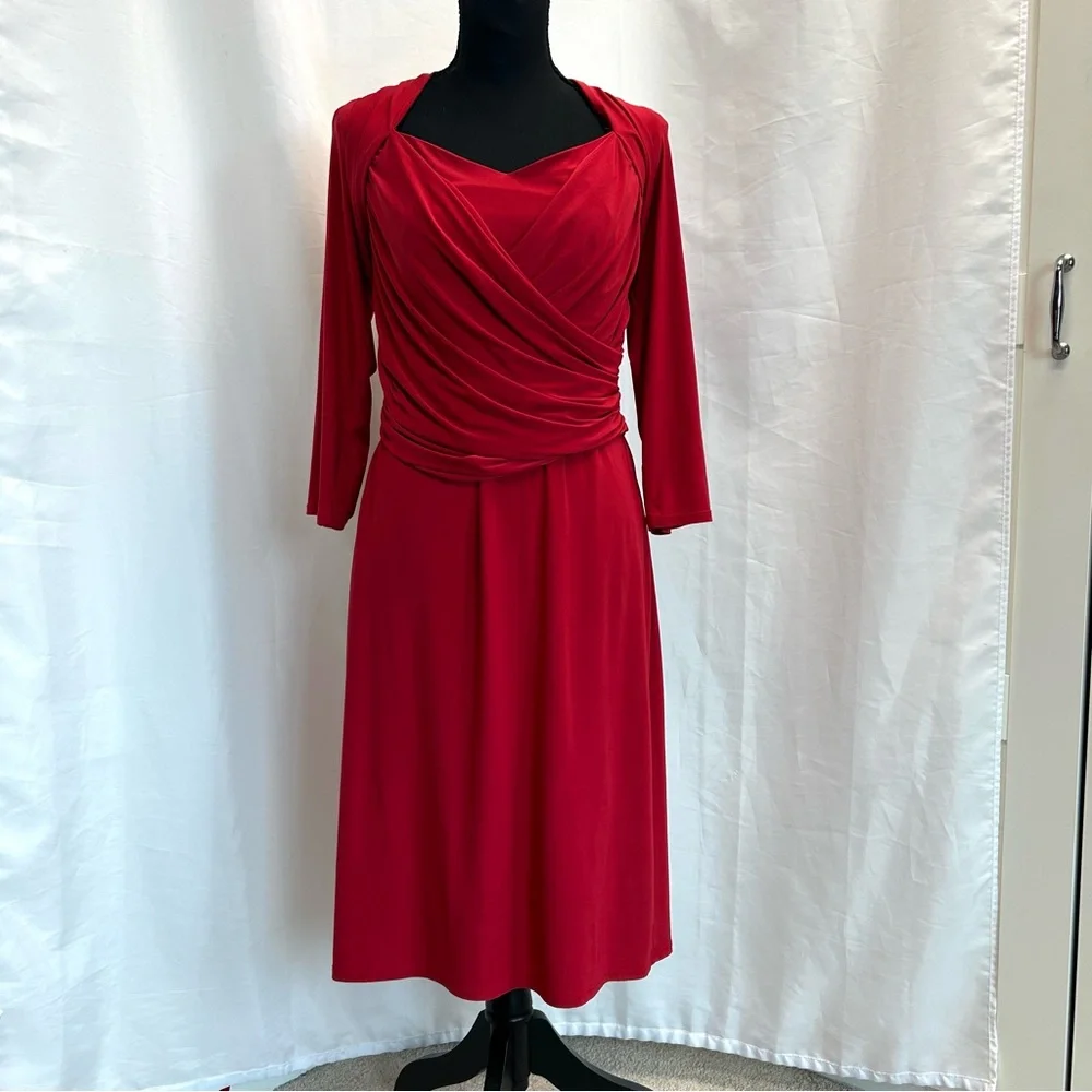 Frank Lyman red CrissCross-Front ruched jersey midi Dress Sz 14 open back - Picture 2 of 12